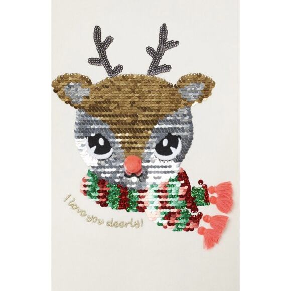 H&M Ivory Flip Sequin Reindeer Tassel Pullover Fleece Sweatshirt Size 8-10Y - Picture 2 of 6